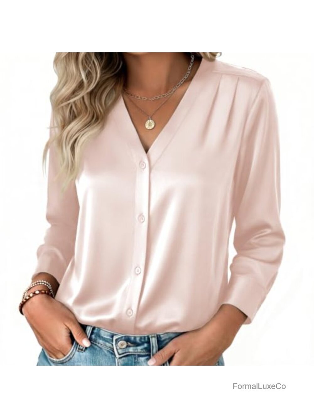 Satin Silk Blouse V Neck Long Sleeve Button Down Shirt